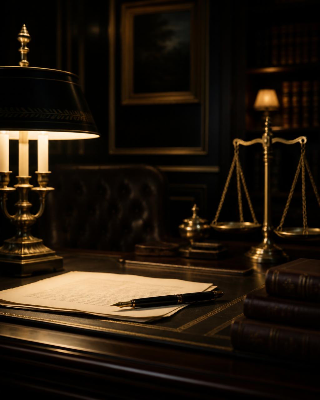 Chambers desk lit by lamplight